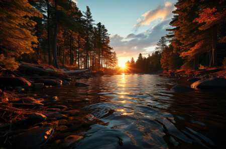 autumn leaves on a lake during sunset AI generated artの素材