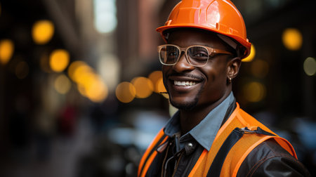 Smiling Construction Worker: A photo of a construction worker smiling, showing his positive attitudeの素材