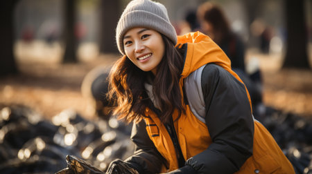 portrait of volunteers standing together with food boxes outdoorsの素材