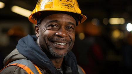 Smiling Construction Worker: A photo of a construction worker smiling, showing his positive attitudeの素材