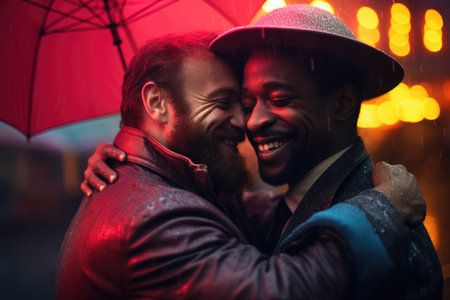 Gay couple cuddling and laughing in front of brick wallの素材
