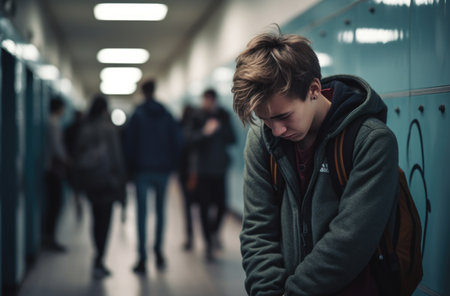 Bullying at school and high school. Upset bullied teen boy suffering sitting against the school locker on the floor in the school corridor. Social problems, children's rightsの素材