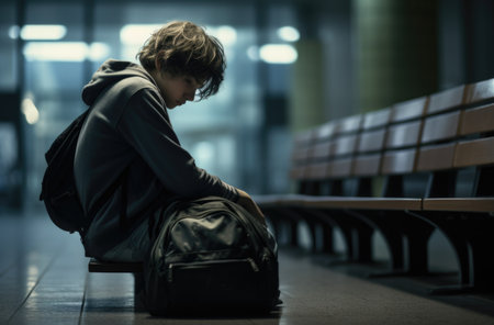 Bullying at school and high school. Upset bullied teen boy suffering sitting against the school locker on the floor in the school corridor. Social problems, children's rightsの素材
