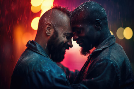 Gay couple cuddling and laughing in front of brick wallの素材