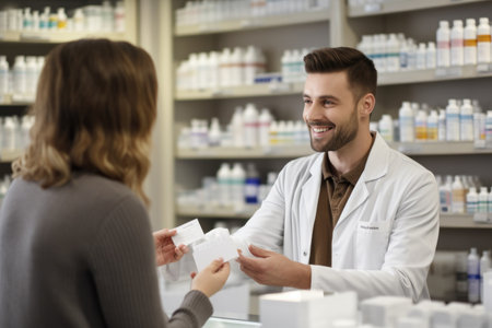 pharmacist is helping and providing care for an old woman at the pharmacy. Generative AIの素材