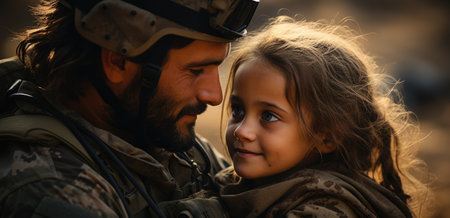 Patriotic soldier emotional soldier with daughter in the warの素材