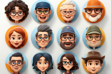 Smiling People Closeup Portrait Set Cute Cartoon Businessman Male and Female Avatars Multi-ethnic Man and Woman Faces Isolated on White Backgroundの素材