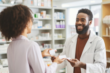 pharmacist is helping and providing care for an old woman at the pharmacy. Generative AIの素材