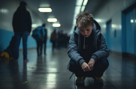 Bullying at school and high school. Upset bullied teen boy suffering sitting against the school locker on the floor in the school corridor. Social problems, children's rightsの素材