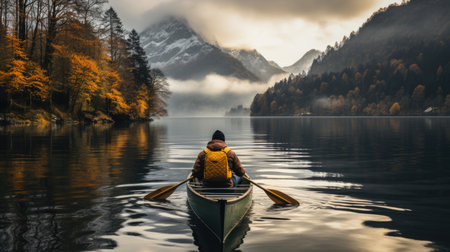 Person rowing on a calm lake in autumn, aerial view only small boat visible with serene water aroundの素材