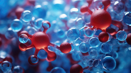 Close up macro details of red blue microbes molecules virus bacteria. Coronavirus outbreak COVID-19. Medicine conceptの素材