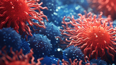 Close up macro details of red blue microbes molecules virus bacteria. Coronavirus outbreak COVID-19. Medicine conceptの素材