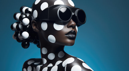 Fashion retro futuristic girl on background with circle pop art background. Woman in sunglasses in surrealistic 60s-70s disco club culture life styleの素材