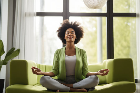 Happy american woman relaxing on the sofa at home - Smiling girl enjoying day off lying on the couch - Healthy life style, good vibes people and new home conceptの素材
