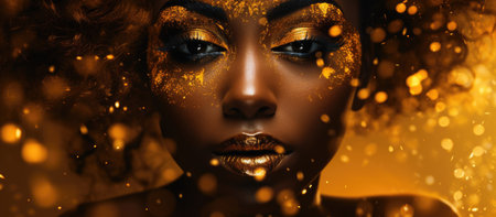 Fictitious African American woman in gold on golden sparkling background, girl in golden dress. Luxury and premium photography for advertising product designの素材