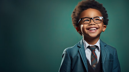 schoolboy wearing glasses, symbolizing the joy of learning and achievement, education concept.の素材