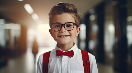schoolboy wearing glasses, symbolizing the joy of learning and achievement, education concept.の素材