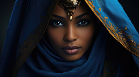 close-up portrait of a beautiful African American woman with blue eyes and black skin with eastern makeup dressed in veil and elegant clothes blue big earrings and jewelry on the black backgroundの素材
