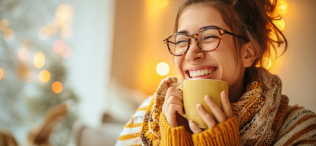 Portrait of cheerful young woman enjoying a cup of coffee at home. Smiles pretty girl drinking hot tea in winter.の素材