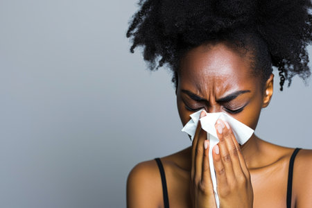 Sick day at home. Asian woman has runny and common cold.の素材