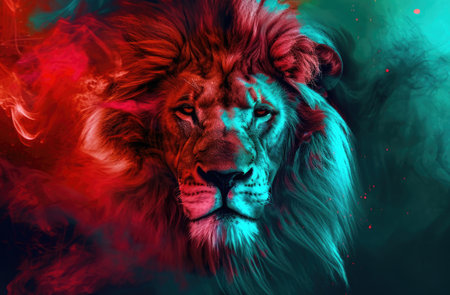 Colorful painting of a lion with creative abstract elements as backgroundの素材