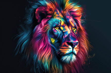 Colorful painting of a lion with creative abstract elements as backgroundの素材