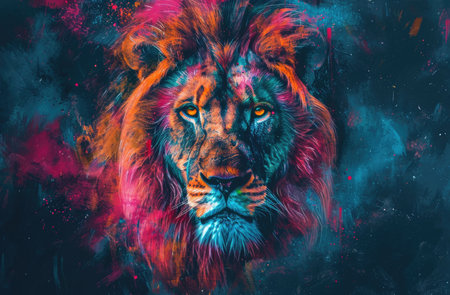 Colorful painting of a lion with creative abstract elements as backgroundの素材