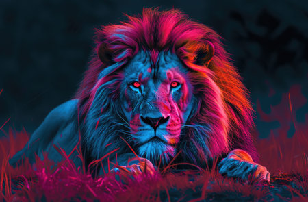 Colorful painting of a lion with creative abstract elements as backgroundの素材