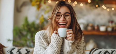 Portrait of cheerful young woman enjoying a cup of coffee at home. Smiles pretty girl drinking hot tea in winter.の素材