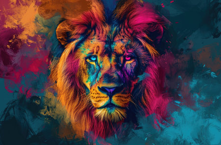 Colorful painting of a lion with creative abstract elements as backgroundの素材