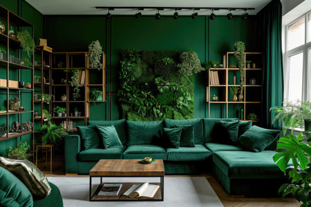 Green sofa and chair against green wall with book shelf. Scandinavian home interior design of modern living room with greenery.の素材