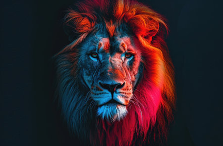 Colorful painting of a lion with creative abstract elements as backgroundの素材