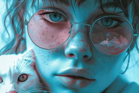 Portrait of young woman holding cute cat with green eyes. Female hugging her cute long hair kitty. Background, close up. Adorable domestic pet conceptの素材