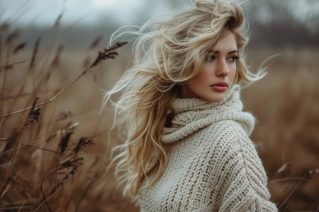 Woman in a white sweater on a white background.の素材