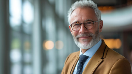 portrait of successful senior businessman consultant looking at camera and smiling inside modern office buildingの素材