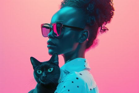 Portrait of young woman holding cute cat with green eyes. Female hugging her cute long hair kitty. Background, close up. Adorable domestic pet conceptの素材