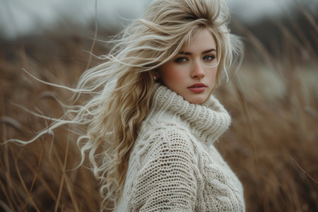 Woman in a white sweater on a white background.の素材