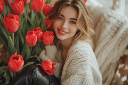 happy young woman with a bouquet of tulip flowers walks along a city street or field. 8 March conceptの素材