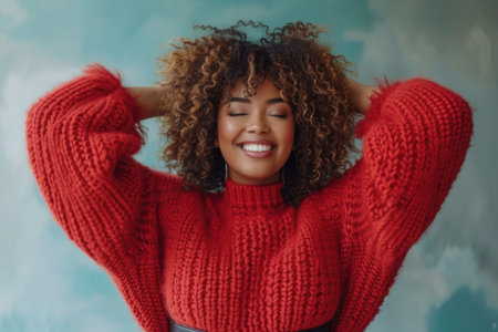 smiling curvy plus size woman looking at camera, standing against blue background. Created by generative AIの素材