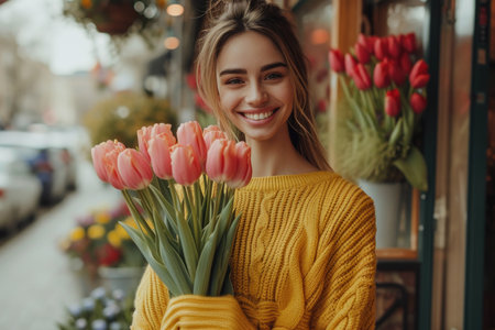 happy young woman with a bouquet of tulip flowers walks along a city street or field. 8 March conceptの素材