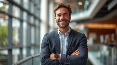 portrait of successful senior businessman consultant looking at camera and smiling inside modern office buildingの素材