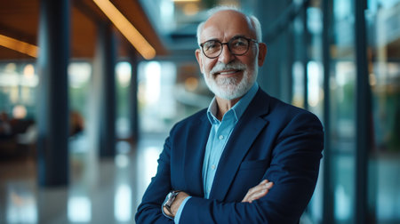 portrait of successful senior businessman consultant looking at camera and smiling inside modern office buildingの素材