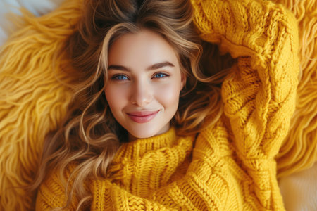 Woman in a yellow sweater on a white background.の素材