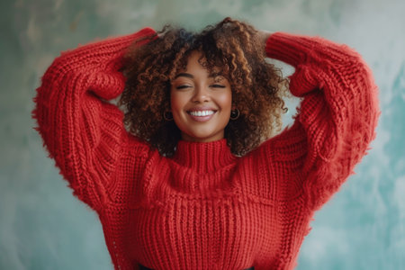 smiling curvy plus size woman looking at camera, standing against blue background. Created by generative AIの素材