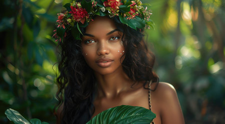 A beautiful tanned girl with natural make-up and wet hair stands in the jungle among exotic plantsの素材