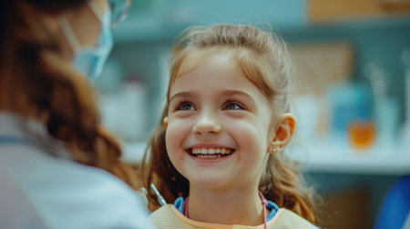Cute little girl sitting in dentist chair, giving high five to female doctor and laughing. Dental care, trust and patient care. Children's dentistryの素材