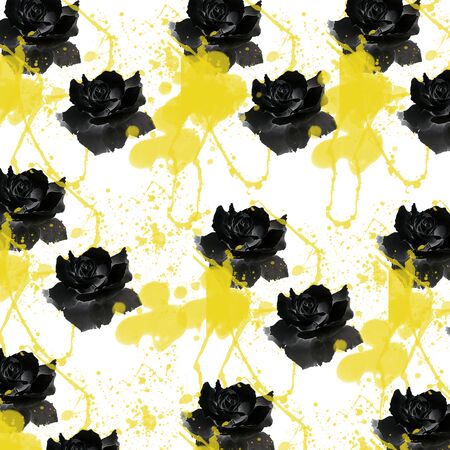 Black roses pattern and yellow spots on white backgroundの写真素材