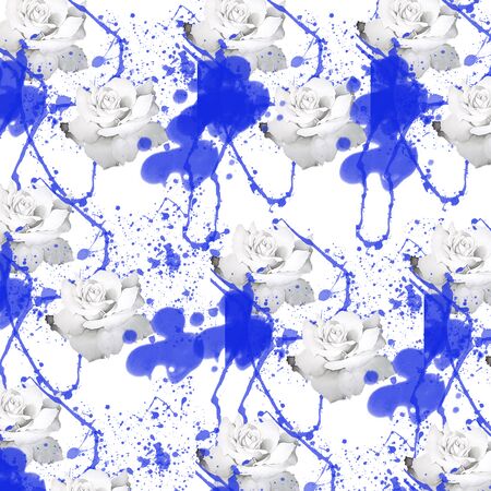 Black roses pattern and yellow spots on white backgroundの写真素材