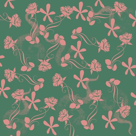 Pink floral pattern on green backgroundの写真素材
