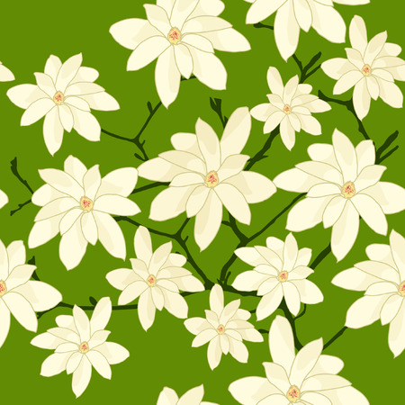 Seamless Pattern with White Magnolia Branch on a Green Background.  のイラスト素材